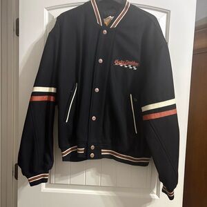 Harley-Davidson wool Black Bomber Jacket with Cream and Rust Stripes